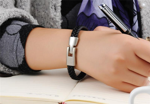 Black Genuine Leather Weaved Knitted Wristband