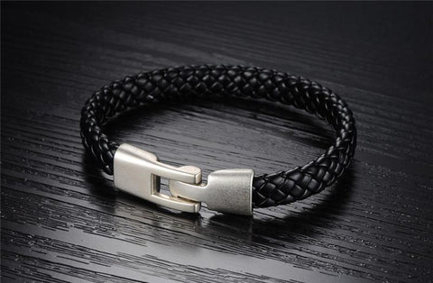 Black Genuine Leather Weaved Knitted Wristband