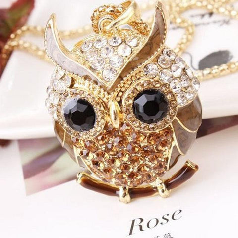 Owl Rhinestone Pendant Gold Necklace